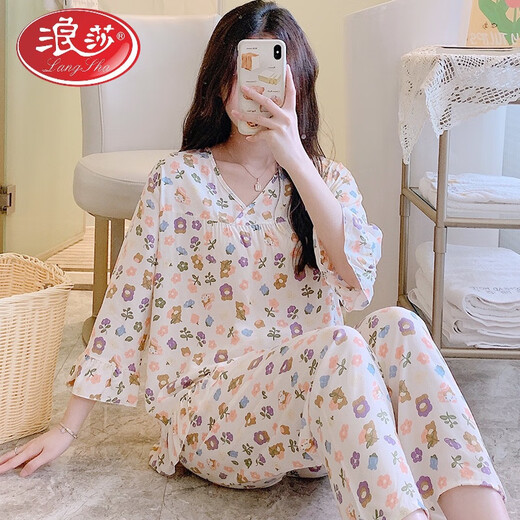 浪莎（LangSha）春秋九分袖套装绵绸女睡衣2025新款夏天家居服女人造棉绸可外穿 YR-九分袖2603粉底小熊 XL (110-125斤)