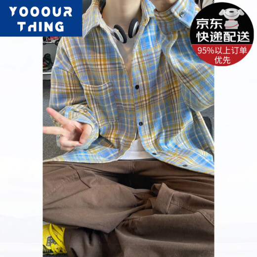 YOOOURTHING American retro plaid shirt men's long-sleeved spring, autumn and winter plus velvet thickened loose couple versatile casual shirt jacket CJ9734-Yellow plaid plus velvet XL (recommended 125-145Jin [Jin equals 0.5 kg])