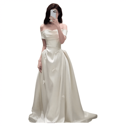 AIFANGNIAO high-end French dress women's banquet evening dress satin light wedding dress one-shoulder student adult ceremony art test vocal skirt white XS