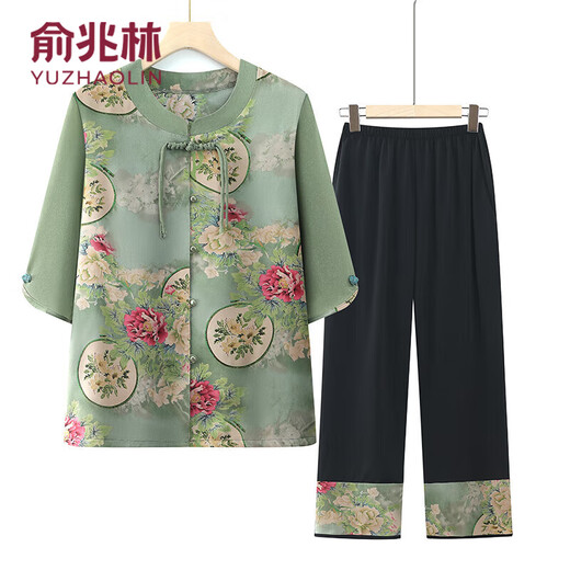 俞兆林妈妈夏装套装中老年女上衣老年人春秋两件套t恤洋气奶奶衣服60岁 T6627绿色[套装] XL 建议80-100斤