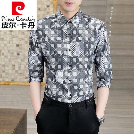 皮尔卡丹（pierre cardin）夏季七分袖衬衫男士格子冰丝短袖潮流帅气中袖衬衣薄款五分袖衬衣 DC683白色 L