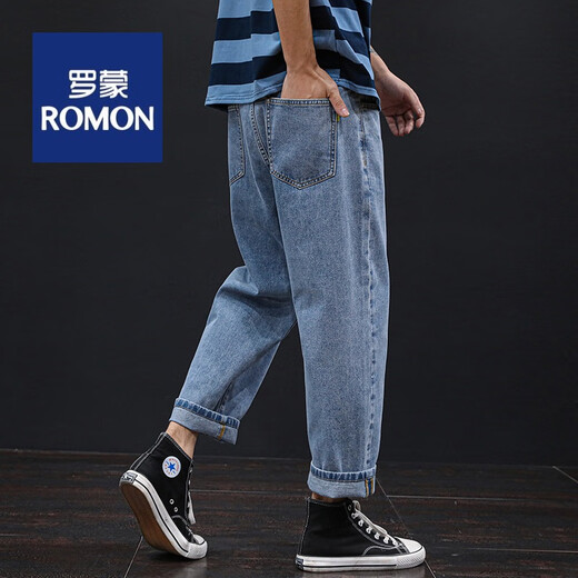 罗蒙（ROMON）潮胖大码男装九分牛仔裤宽松直筒裤阔腿胖子9分加肥加大老爹裤子 浅蓝 直筒长裤9904 28 建议90-100斤