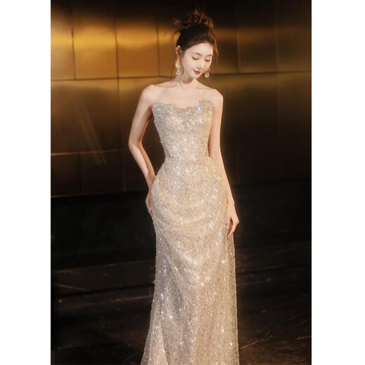Wenmi Company Annual Meeting Dress Women's Tubeless Evening Dress 2024 New Gold Sequin Host Design Niche Fishtail Dress Dress S