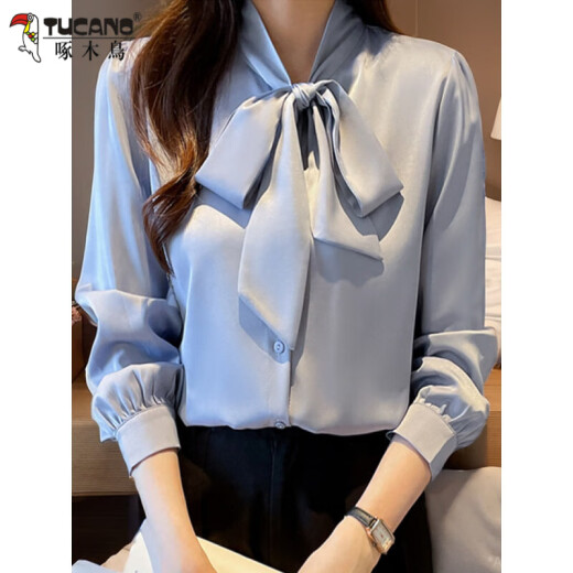 Woodpecker Chiffon Chiffon Chiffon Femenina de manga larga Spring y otoño NUEVA IMITACIÓN Temperamento de seda Base Base Blue 9276 S _80-95Jin [Jin equivale a 0.5 kg]