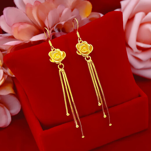 GRAYCEWODY Old Phoenix 999 Gold Rose Earrings Women's 24K Pure Gold Long Tassel Earrings Middle-aged Earrings 0.01g Old Phoenix Gold Store Style Rose Flower Earrings