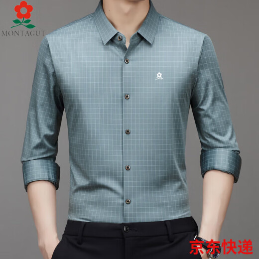 梦特娇（MONTAGUT）男士桑蚕丝长袖衬衫春秋季中年爸爸装休闲格子免烫衬衣男 9928-黑色 M  165适合100-115斤