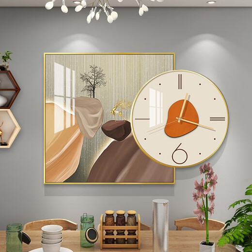 现代轻奢餐厅背景墙带钟晶瓷装饰画抽象大气饭厅组合挂画卧室壁画 TXMG12603 60*60cm+圆直径40cm总长80高雅