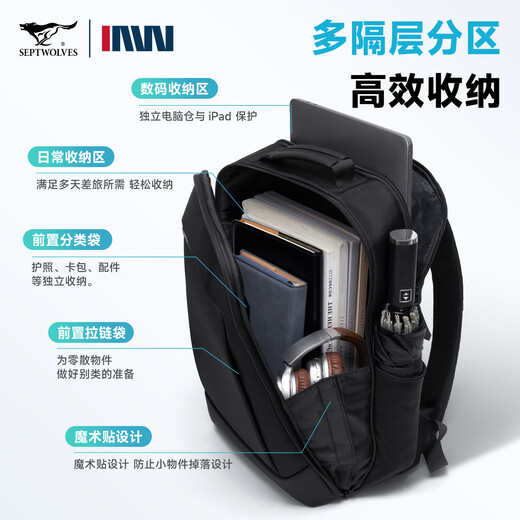 Siete Wolves New Mochila Mochila para hombres Bolsa de viaje al aire libre Commuting Baress Breat-Distance Travel Bag Black