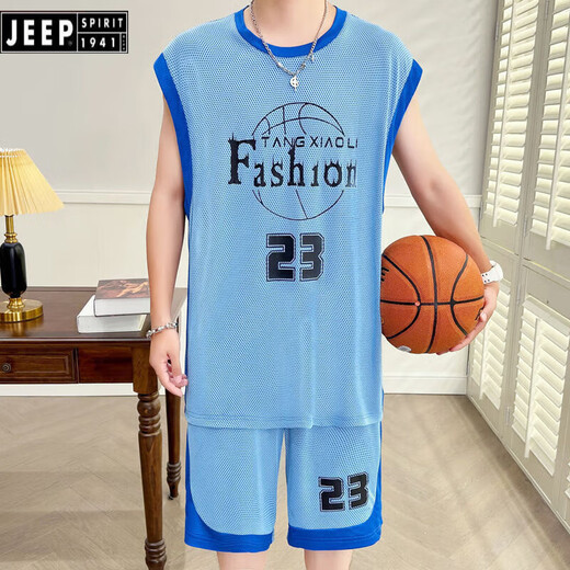 JEEP SPIRIT夏季男学生无袖冰丝网眼运动套装背心透气速干初高中篮球服男生男 6636浅蓝色 3XL[160-185斤]