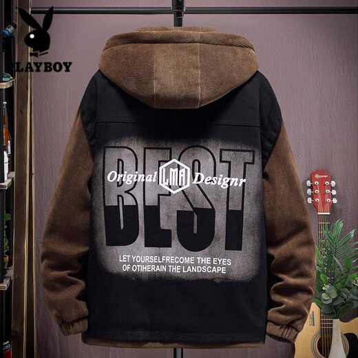 花花公子（PLAYBOY）牛仔外套男2025春秋季新款灯芯绒拼接连帽夹克青少年学生加绒上衣 9906灰色 XL