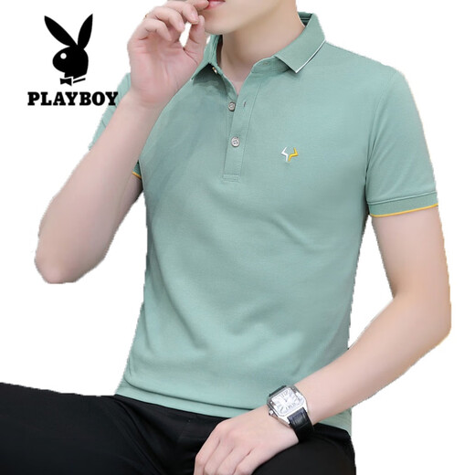 Playboy (Playboy) Kurzärärmiges T-Shirt für Männer im Sommer im Sommer Cool Ice Seide High-End einfaches lässiges Dünn-Lteel-Business-Baumwoll-Baumwoll-Polo-Hemd-Bohnengrün 681 Modelle 3xL 155-160jin [Jin gleich 0,5 kg]