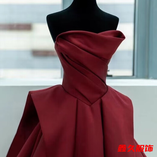 Mei Anjia burgundy bridal toast dress new ladylike temperament tube top wedding dress slim home engagement evening dress for women burgundy L 170