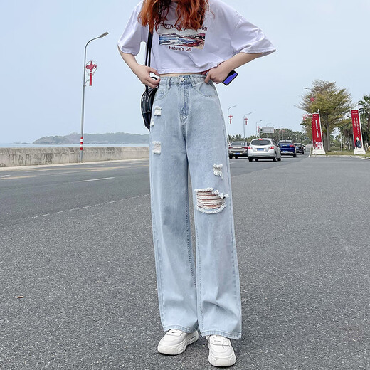 以纯YISHION网红破洞牛仔裤女2025春秋新款高腰显瘦垂感阔腿拖地裤ins潮夏装 浅蓝色现货【687款长裤】 XS
