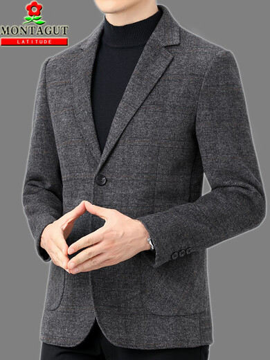 梦特娇（MONTAGUT）休闲含羊毛西服男外套春秋款商务韩版双面羊绒呢子高级感西装 3291款:深灰 均码 170/48