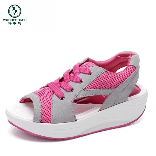 Woodpecker New Rocking Shoes 2025 Summer Fish-Bear Sandals Sports and Casual Women's Shoes Korean Style Heightening Thick Sole Sponge Cake Shoes Soft Sole 2717 Gray Red 35