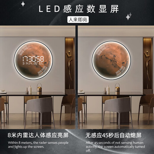 小小画钟高级感圆形月球餐厅挂画电子钟表挂钟客厅2025新款玄关装饰画时钟 ZP3895 【LED数显屏-可设置常亮】 28英寸 70*70cm【带灯款接电款 】