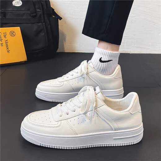 Xiaohuili Home Herrenschuhe Saison Sport, Nicht-Schlupf-Freizeit und vielseitige Leder weiße Schuhe Schülern Hochschwere Pure White Trendy Board Schuhe Männer Weiß 42