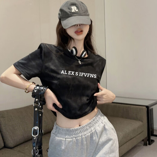 
Lingkaqi's straight shoulder letter printing tie-dyed short sleeve retro high waist slim fit and sexy girl design short top tie-dyed white elegant 6196 L 110-125
