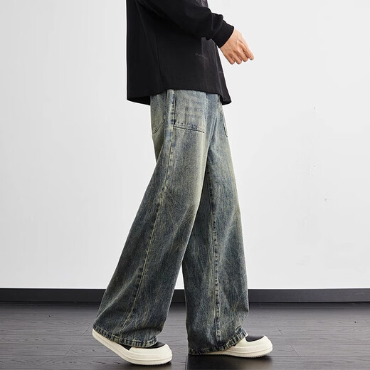 Yiran jeans men's straight-leg autumn and winter new American high street retro loose casual wide-leg lightning pattern trendy pants for men blue XL recommended 120-140Jin Jin equals 0.5 kg