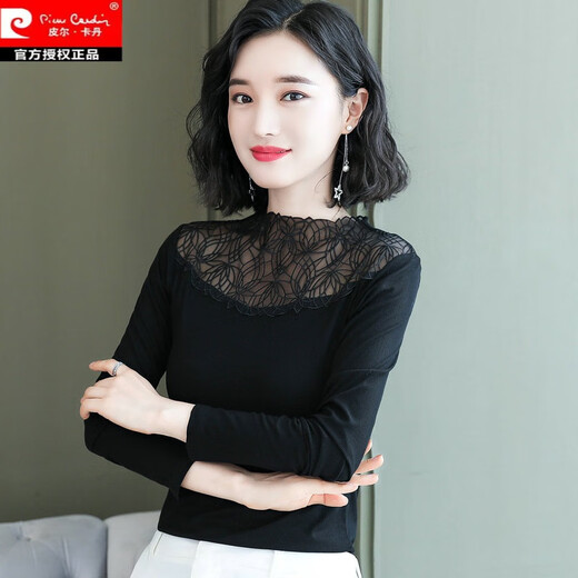 皮尔卡丹黑色洋气打底衫女长袖薄款修身小衫春秋装新款内搭立领蕾丝上衣 7027黑 波点多边形领长袖 均码 (90斤-135斤)