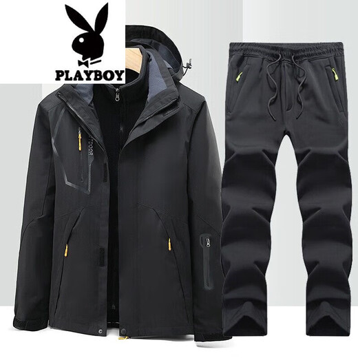 花花公子（PLAYBOY）夹克外套男秋冬季防风冲锋款衣裤套装男三合一两件套登山服 MK-1203黑色+8369黑色 XL 建议140-160斤