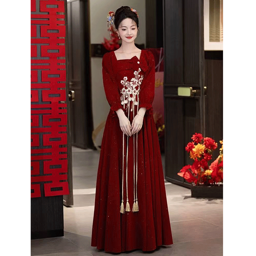Seidler Bridal Wedding Toast Wear 2025 New Long Sleeve Engagement Dress Back Door Dress for Women High-End Light Luxury Niche Burgundy M