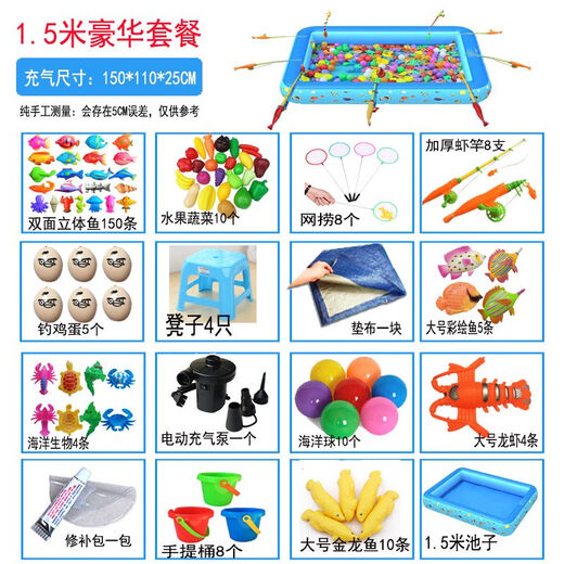 RSRDDY children's fishing pool magnetic toy set square park stall fishing pool shopping mall inflatable fish fishing 1.5 meters luxury package
