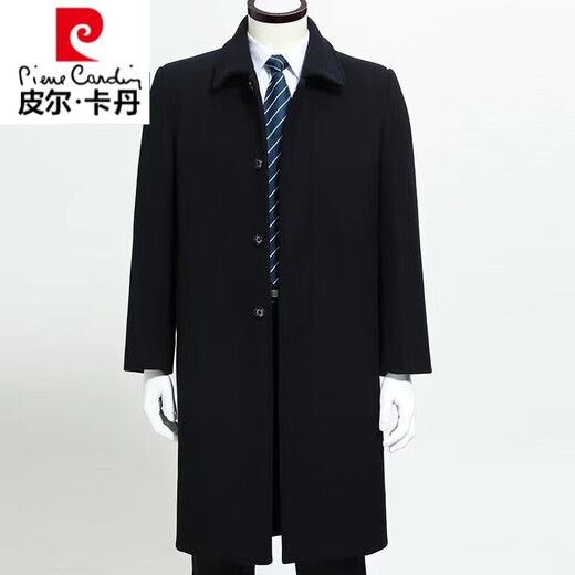 皮尔卡丹商务休闲中年男士羊毛呢外套加厚秋冬款羊 绒大衣长款风衣过膝款 长款大衣(黑色)狐狸毛领 175/建议体重(120-135斤)