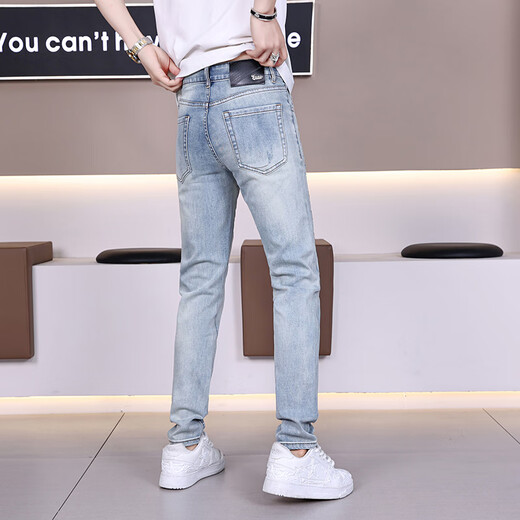 Gezan Printed Diamond Jeans Men's 2025 Spring and Summer New Pants Men's Trendy Men's Slim Small Feet High-end Casual Light Blue 9855 30 (2 feet 3)