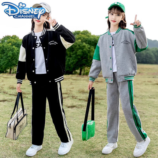 Disney Girls Spring and Autumn Set 2025 New Fashionable Casual Sports Baseball Clothes Children's Clothes Girls' Two-Piece Set Black 1396 Set Two-Piece Set 160 cm