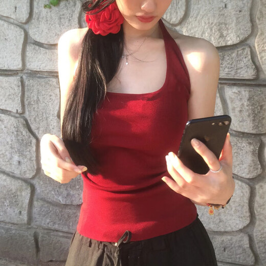 麓格立挂脖吊带背心女带胸垫复古港风纯欲辣妹修身显瘦U领红色打底上衣 挂脖吊带【酒红色】95-120斤