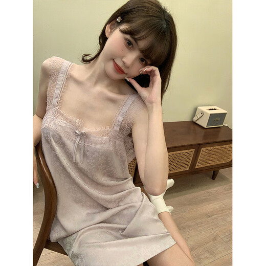 莫代尔吊带睡裙夏季女款2025新款夏天冰丝绸高级感提花性感蕾丝紫色睡衣 吊带裙9195芋香紫蕾丝边 均码