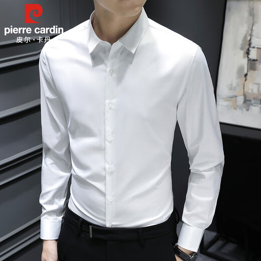 Pierre Cardin Langarm Shirt Männer Frühlingshemd Männer Solid Color Business Casual Gentleman Top Männer weiß XL