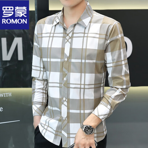 罗蒙（ROMON）冰丝格子衬衫男士春夏装潮流修身韩版帅气长袖衬衣男免烫抗皱上衣 灰色 【长袖】719 L 105-119斤