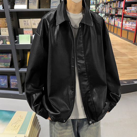 SWAMP AREA leather solid color men's autumn and winter hip-hop jacket top American retro motorcycle style jacket SWC99 black 2XL