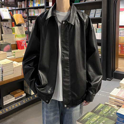 SWAMP AREA leather solid color men's autumn and winter hip-hop jacket top American retro motorcycle style jacket SWC99 black 2XL