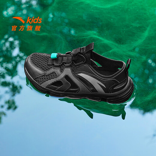 ANTA children's sandals, boys' shoes, 2025 summer new outdoor creek shoes, toe-toe beach shoes, black-4 34, inner length 21.5cm