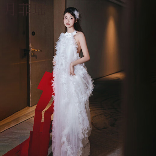 月菲瑶法式新娘结婚晨袍睡裙白色轻婚纱礼服伴娘网纱连衣裙露背仙女长裙 白色 S