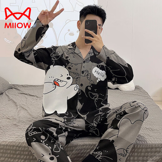 Cat Man (MiiOW) Pure Cotton Men's Pajamas Spring and Autumn Teenagers Cartoon Student Cardigan Large Size Men's Long Sleeve Trousers Home Clothing 9901 (Long Sleeve Cardigan) L