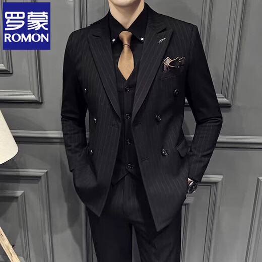 ROMON Blue Double-breasted Suit Jacket Men's Gentleman Business Casual Suit British Striped Wedding Groom's Dress Blue Two-piece Set Free Tie Tie Bra S 46