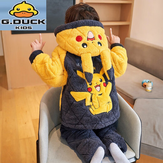 G.DUCKKIDS皮卡丘儿童睡衣男童冬季珊瑚绒加厚中大童三层夹棉法兰绒家棉服 【三层夹棉】LDR9922皮卡丘 L码【高160-165CM体重100-120斤