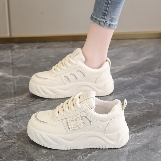 Hongxing Pink Women's Shoes Real Leather White Shoes 2025 Winter Versatile Sneakers New Women's Casual Sports Shoes DF-5 Beige Leather Style 37