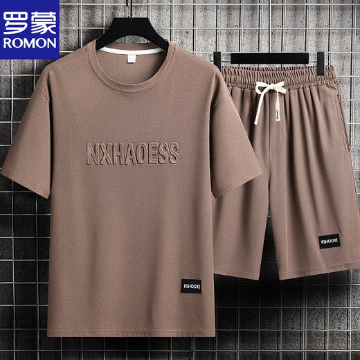 Romon Men's Summer Suit Teen Short Sleeve T-shirt Thin Ice Silk Two-Piece Set Casual Sportswear Five-point Short Pants Set-TZ829 Military Green [Top + Pants] M Recommended 90-110Jin [Jin equals 0.5 kg]