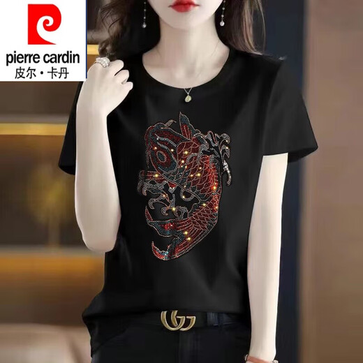 皮尔卡丹（pierre cardin）纯棉短袖t恤女大1码夏装新款时尚烫钻圆领半袖上衣黑色镶钻打底衫 圆领-连环爱心钻-黑色短袖 3524 2XL 适合135-165斤