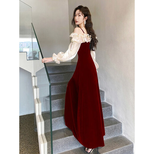 Pier Cardin one-shoulder toasting suit bride 2025 new autumn and winter evening dress can be worn on the daily wedding dress for adults burgundy 2XL