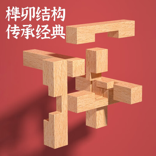 结盟者鲁班锁孔明锁全套实木儿童玩具小学生智力锁解扣榫卯积木儿童玩具 榉木六件套【难度一】套图解/视