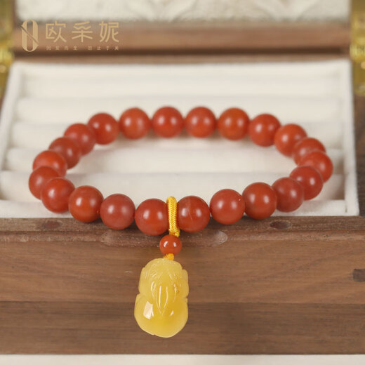 OUCERNY Baoshan Southern Red Agate Bracelet Buddha Bead Full Flesh Persimmon Red Multi-Bracelet Men and Women Style with Beeswax Pixiu Pendant