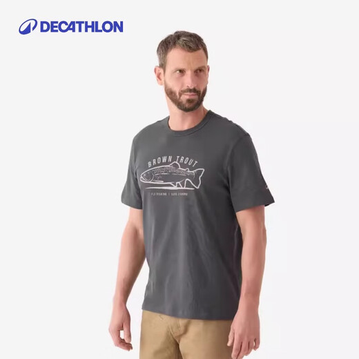 Decathlon fishing short-sleeved cotton T-shirt casual sports loose round neck short-sleeved men-5555826