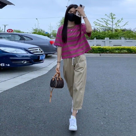 哈夫朵大码女装胖妹妹夏季套装女洋气显瘦条纹短袖T恤百搭休闲裤子女 1389火龙果色上衣 【单件】 2XL 【建议130-145斤】