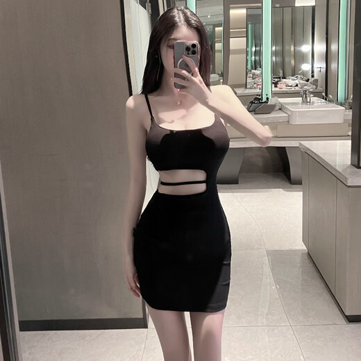 蝶霓斯夜店 网红性感辣妹低胸小众吊带连衣裙设计镂空露腰包臀裙 黑色 M (95-105斤)